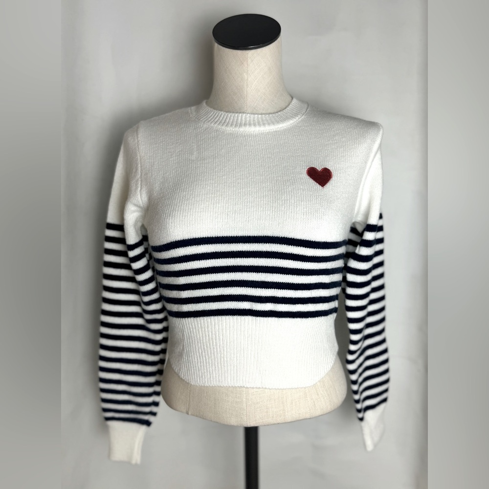 Navy Striped Sweater with Heart Accent